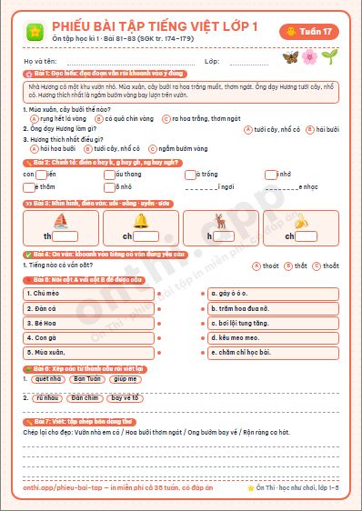 Phiếu bài tập Tiếng Việt lớp 1 tuần 17: Ôn tập (vần, tiếng, câu)