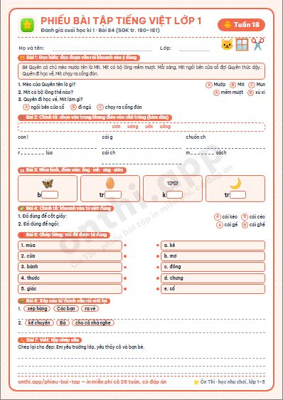 Phiếu bài tập cuối tuần Tiếng Việt lớp 1 tuần 18 đẹp, in màu: Đánh giá cuối học kì 1 · Bài 84 (SGK tr. 180–181)