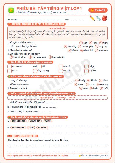 Phiếu bài tập Tiếng Việt lớp 1 tuần 19: Bài 1–3