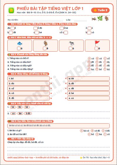 Phiếu bài tập Tiếng Việt lớp 1 tuần 2: O o · Ô ô · D d Đ đ · Ơ ơ