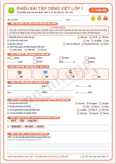 Phiếu bài tập cuối tuần Tiếng Việt lớp 1 tuần 22 đẹp, in màu: Chủ điểm Mái ấm gia đình · Bài 4–6, Ôn tập (tr. 34–43)