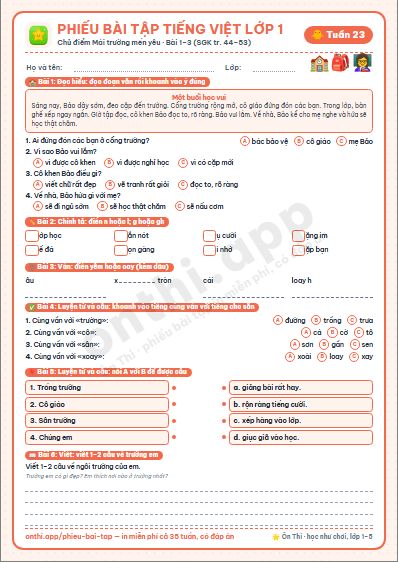 Phiếu bài tập Tiếng Việt lớp 1 tuần 23: Bài 1–3