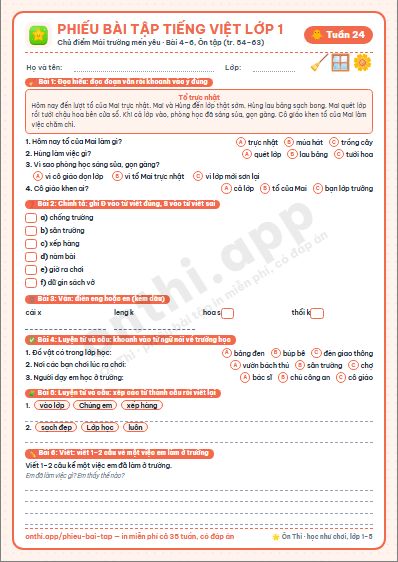 Phiếu bài tập Tiếng Việt lớp 1 tuần 24: Bài 4–6, Ôn tập