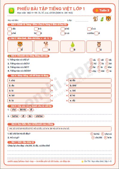 Phiếu bài tập cuối tuần Tiếng Việt lớp 1 tuần 3 đẹp, in màu: Học vần · Bài 11–15: i k, h l, u ư, ch kh (SGK tr. 34–43)