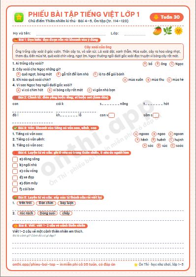 Phiếu bài tập Tiếng Việt lớp 1 tuần 30: Bài 4–5, Ôn tập