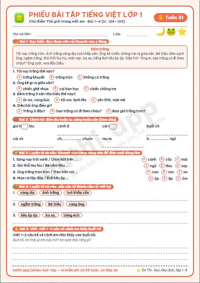 Phiếu bài tập Tiếng Việt lớp 1 tuần 31: Bài 1–4
