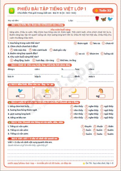 Phiếu bài tập Tiếng Việt lớp 1 tuần 32: Bài 5–8