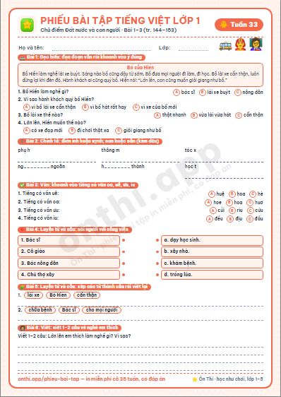 Phiếu bài tập Tiếng Việt lớp 1 tuần 33: Bài 1–3