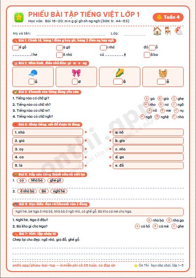 Phiếu bài tập cuối tuần Tiếng Việt lớp 1 tuần 4 đẹp, in màu: Học vần · Bài 16–20: m n g gi gh nh ng ngh (SGK tr. 44–53)