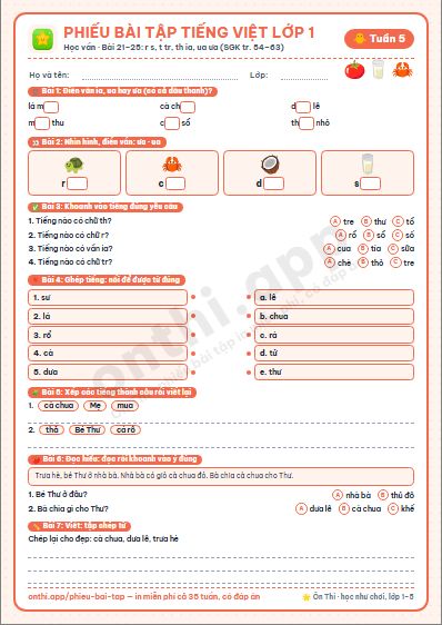 Phiếu bài tập cuối tuần Tiếng Việt lớp 1 tuần 5 đẹp, in màu: Học vần · Bài 21–25: r s, t tr, th ia, ua ưa (SGK tr. 54–63)
