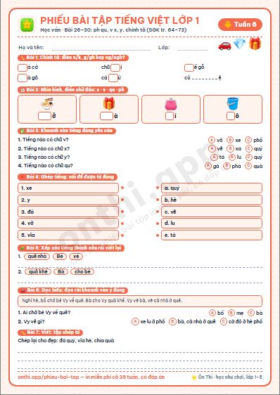 Phiếu bài tập cuối tuần Tiếng Việt lớp 1 tuần 6 đẹp, in màu: Học vần · Bài 26–30: ph qu, v x, y, chính tả (SGK tr. 64–73)