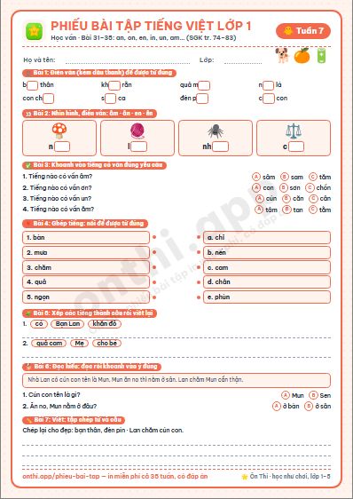 Phiếu bài tập Tiếng Việt lớp 1 tuần 7: an ăn ân · on ôn ơn · en ên in un · am ăm âm