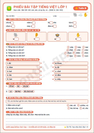 Phiếu bài tập Tiếng Việt lớp 1 tuần 8: om ôm ơm · em êm im um · ai ay ây · oi ôi ơi