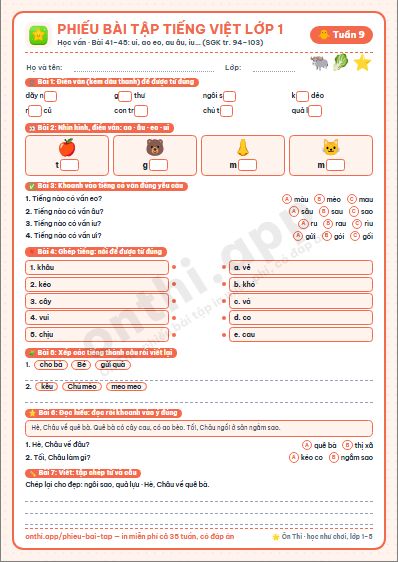 Phiếu bài tập Tiếng Việt lớp 1 tuần 9: ui ưi · ao eo · au âu êu · iu ưu