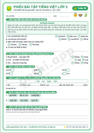 Phiếu bài tập cuối tuần Tiếng Việt lớp 2 tuần 16 đẹp, in màu: Chủ điểm Mái ấm gia đình · Bài 29–30 (SGK tr. 123–129)