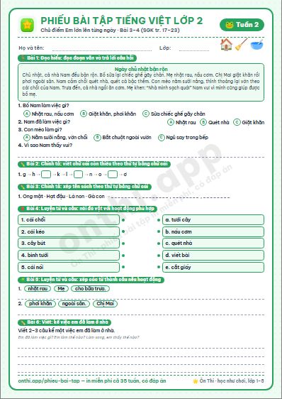 Phiếu bài tập cuối tuần Tiếng Việt lớp 2 tuần 2 đẹp, in màu: Chủ điểm Em lớn lên từng ngày · Bài 3–4 (SGK tr. 17–23)