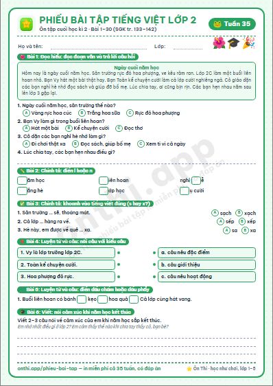 Phiếu bài tập Tiếng Việt lớp 2 tuần 35: Ôn tập và đánh giá cuối học kì 2 · Ôn tập