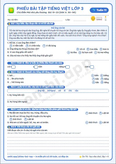 Phiếu bài tập cuối tuần Tiếng Việt lớp 3 tuần 11 đẹp, in màu: Chủ điểm Mái nhà yêu thương · Bài 19–20 (SGK tr. 90–96)
