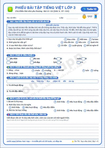 Phiếu bài tập cuối tuần Tiếng Việt lớp 3 tuần 12 đẹp, in màu: Chủ điểm Mái nhà yêu thương · Bài 21–22 (SGK tr. 97–103)