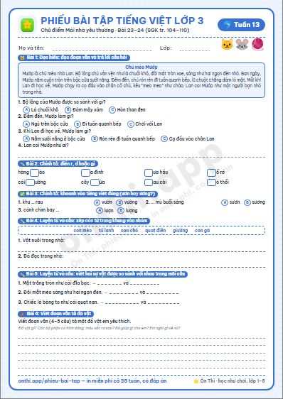 Phiếu bài tập cuối tuần Tiếng Việt lớp 3 tuần 13 đẹp, in màu: Chủ điểm Mái nhà yêu thương · Bài 23–24 (SGK tr. 104–110)