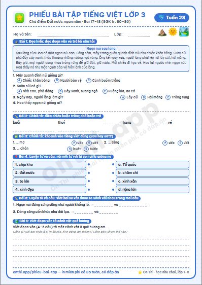 Phiếu bài tập Tiếng Việt lớp 3 tuần 28: Đất nước là gì? · Núi quê tôi