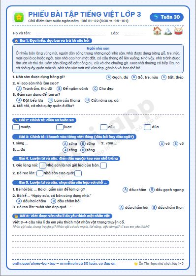 Phiếu bài tập Tiếng Việt lớp 3 tuần 30: Nhà rông · Sự tích ông Đùng, bà Đùng