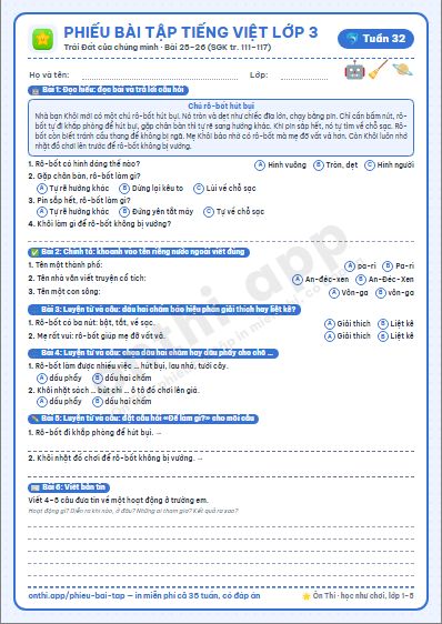 Phiếu bài tập cuối tuần Tiếng Việt lớp 3 tuần 32 đẹp, in màu: Trái Đất của chúng mình · Bài 25–26 (SGK tr. 111–117)