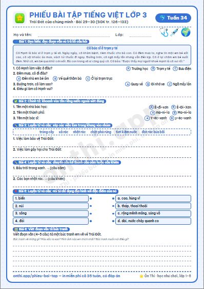 Phiếu bài tập Tiếng Việt lớp 3 tuần 34: Bác sĩ Y-éc-xanh · Một mái nhà chung