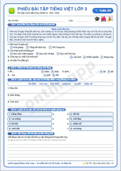 Phiếu bài tập Tiếng Việt lớp 3 tuần 35: Ôn tập và đánh giá cuối học kì 2