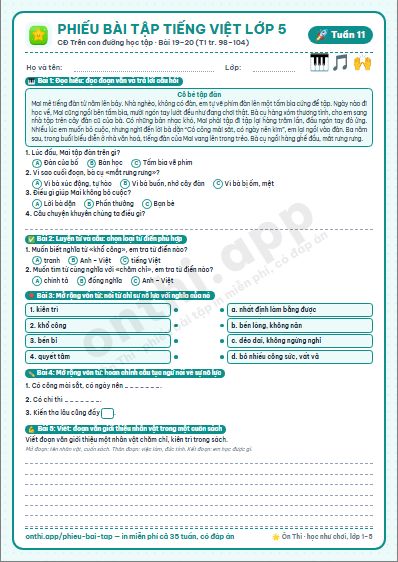 Phiếu bài tập cuối tuần Tiếng Việt lớp 5 tuần 11 đẹp, in màu: CĐ Trên con đường học tập · Bài 19–20 (T1 tr. 98–104)