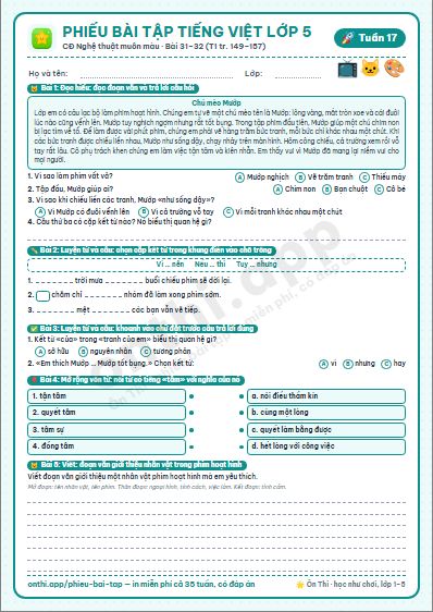 Phiếu bài tập cuối tuần Tiếng Việt lớp 5 tuần 17 đẹp, in màu: CĐ Nghệ thuật muôn màu · Bài 31–32 (T1 tr. 149–157)