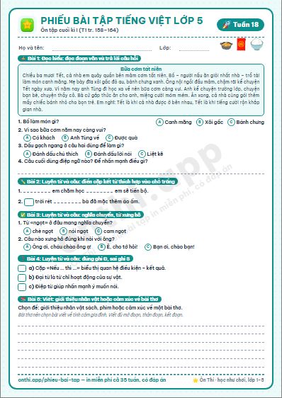 Phiếu bài tập cuối tuần Tiếng Việt lớp 5 tuần 18 đẹp, in màu: Ôn tập cuối kì I (T1 tr. 158–164)