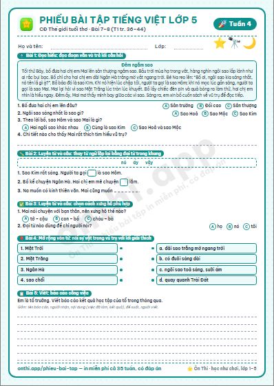 Phiếu bài tập cuối tuần Tiếng Việt lớp 5 tuần 4 đẹp, in màu: CĐ Thế giới tuổi thơ · Bài 7–8 (T1 tr. 36–44)