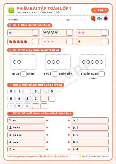 Phiếu bài tập Toán lớp 1 tuần 1: Tiết học đầu tiên · Các số 0, 1, 2, 3, 4, 5