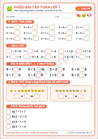 Phiếu bài tập Toán lớp 1 tuần 10: Phép cộng trong phạm vi 10 (tiếp)
