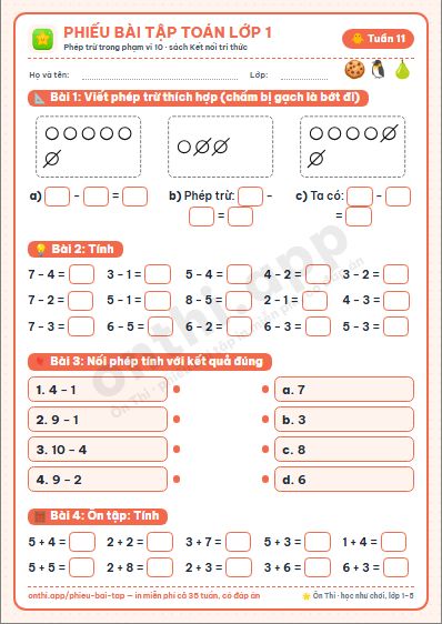 Phiếu bài tập Toán lớp 1 tuần 11: Phép trừ trong phạm vi 10
