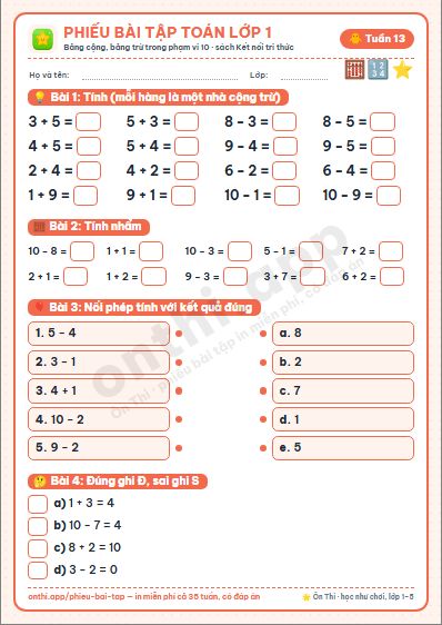 Phiếu bài tập Toán lớp 1 tuần 13: Bảng cộng, bảng trừ trong phạm vi 10