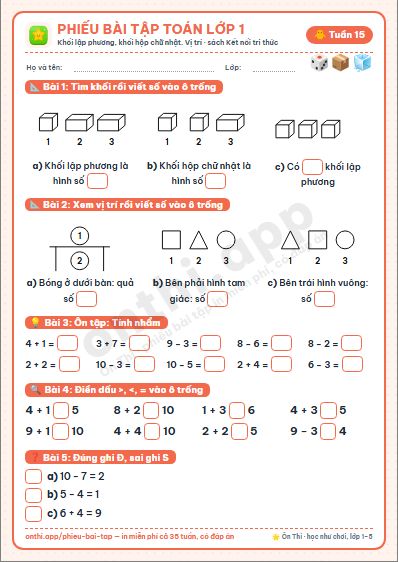 Phiếu bài tập cuối tuần Toán lớp 1 tuần 15 đẹp, in màu: Khối lập phương, khối hộp chữ nhật. Vị trí