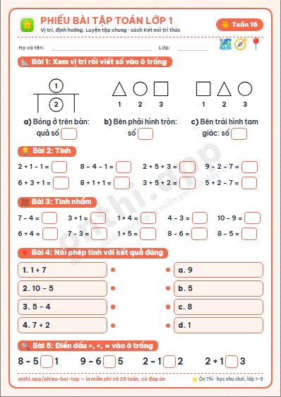 Phiếu bài tập Toán lớp 1 tuần 16: Vị trí, định hướng trong không gian (tiếp) · Luyện tập chung