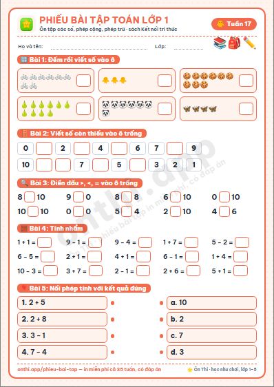 Phiếu bài tập cuối tuần Toán lớp 1 tuần 17 đẹp, in màu: Ôn tập các số, phép cộng, phép trừ