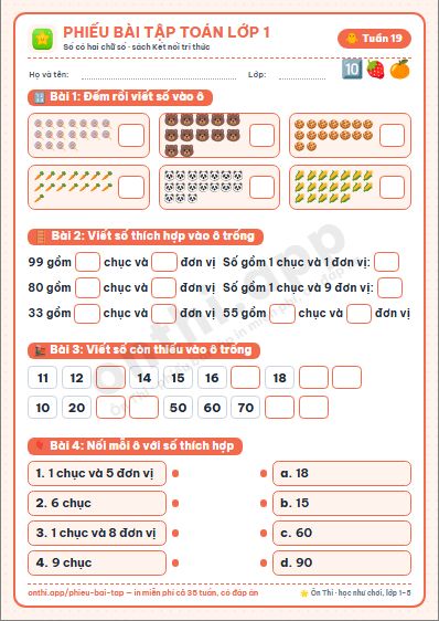 Phiếu bài tập cuối tuần Toán lớp 1 tuần 19 đẹp, in màu: Số có hai chữ số