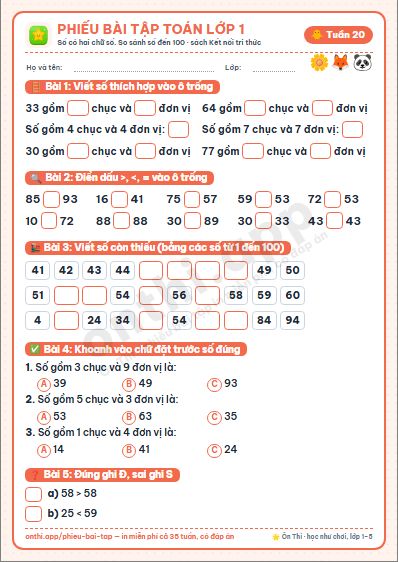 Phiếu bài tập Toán lớp 1 tuần 20: Số có hai chữ số (tiếp) · So sánh số có hai chữ số · Bảng các số từ 1 đến 100