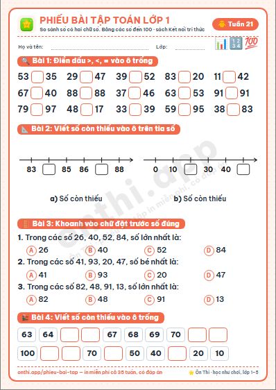Phiếu bài tập Toán lớp 1 tuần 21: So sánh số có hai chữ số (tiếp) · Bảng các số từ 1 đến 100