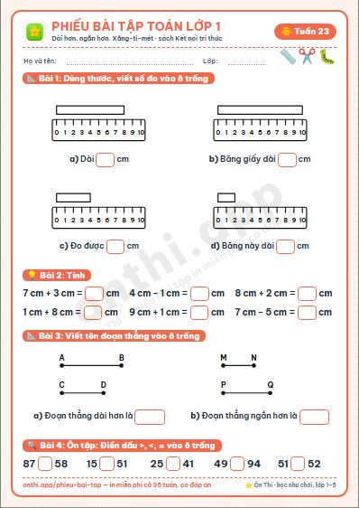 Phiếu bài tập cuối tuần Toán lớp 1 tuần 23 đẹp, in màu: Dài hơn, ngắn hơn. Xăng-ti-mét
