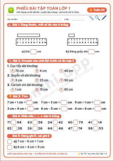 Phiếu bài tập cuối tuần Toán lớp 1 tuần 24 đẹp, in màu: Ước lượng và đo độ dài. Luyện tập chung