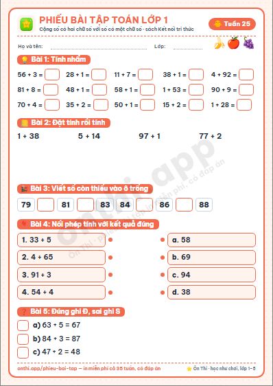Phiếu bài tập Toán lớp 1 tuần 25: Luyện tập chung · Phép cộng số có hai chữ số với số có một chữ số