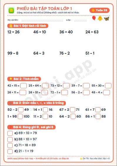 Phiếu bài tập cuối tuần Toán lớp 1 tuần 26 đẹp, in màu: Cộng, trừ số có hai chữ số (không nhớ)