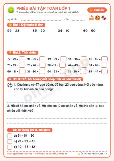 Phiếu bài tập cuối tuần Toán lớp 1 tuần 27 đẹp, in màu: Trừ số có hai chữ số cho số có hai chữ số