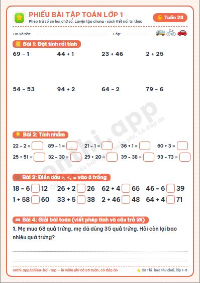 Phiếu bài tập Toán lớp 1 tuần 28: Phép trừ số có hai chữ số (tiếp) · Luyện tập chung