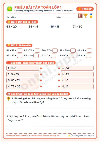 Phiếu bài tập cuối tuần Toán lớp 1 tuần 29 đẹp, in màu: Luyện tập chung: cộng, trừ trong phạm vi 100